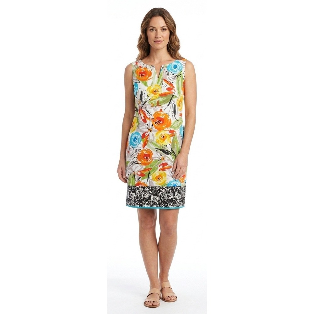Floral Linen Blend Shift Dress V-Neck Sleeveless Multi Color Sz 16 Tropical